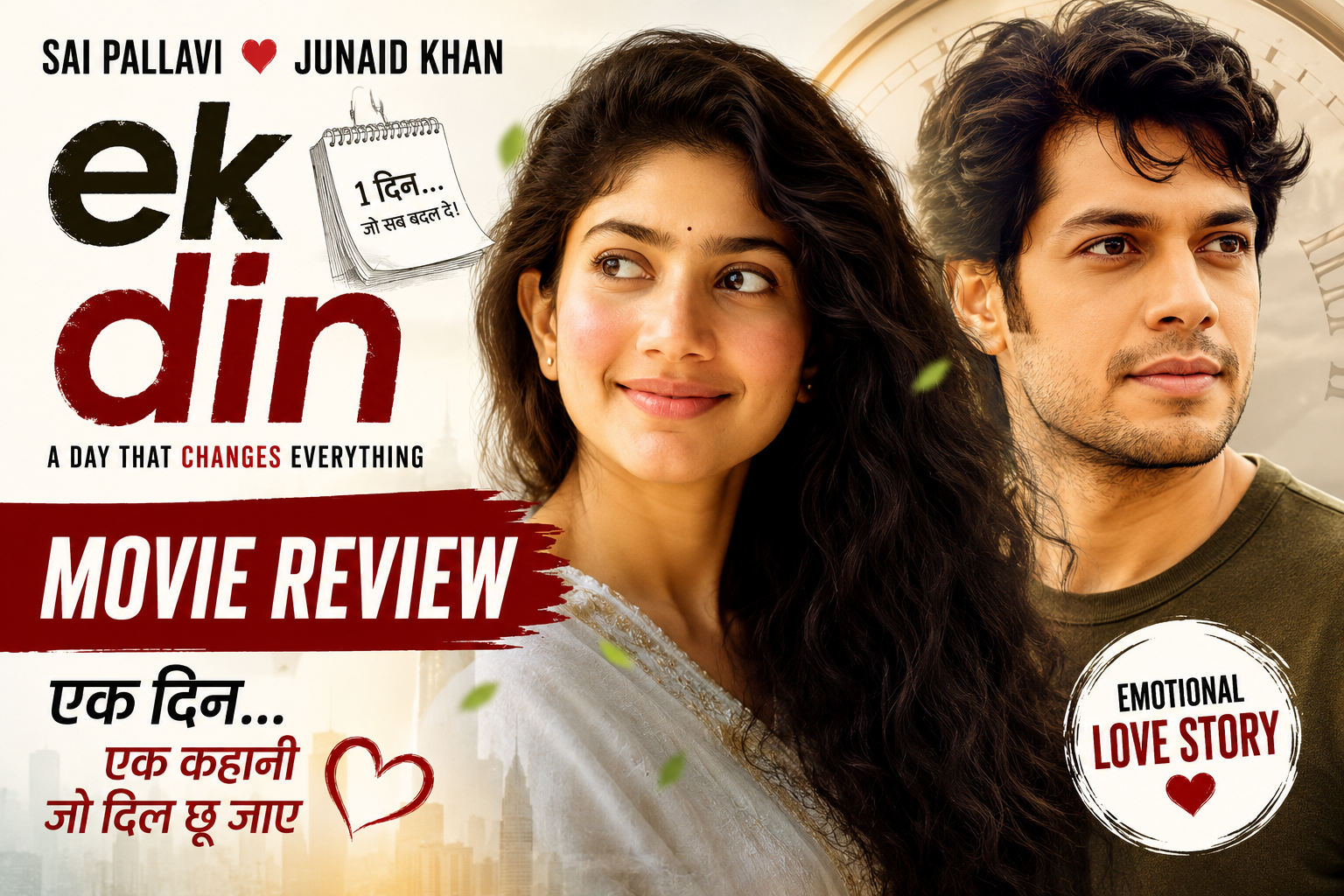 Ek Din movie review thumbnail featuring Sai Pallavi and Junaid Khan romantic scene emotional love story poster