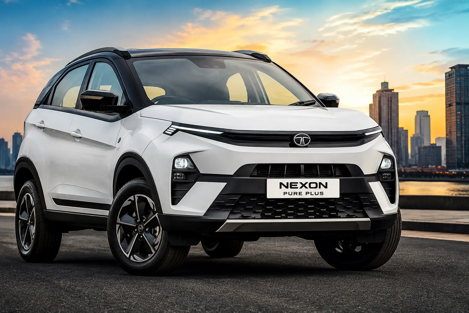 Tata Nexon Pure Plus 2026 white SUV sunset background HD image