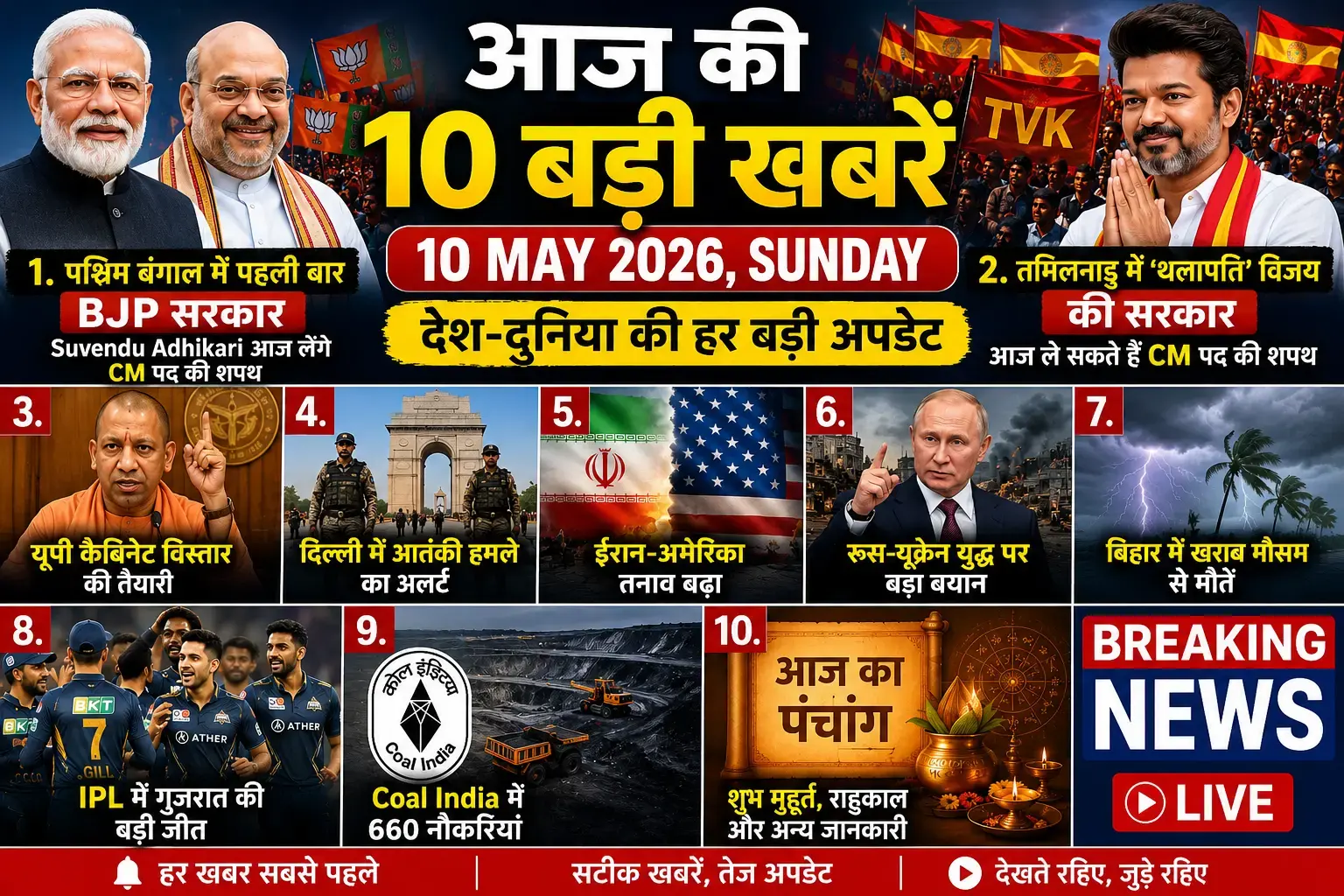 Today Breaking News Hindi:आज की 10 बड़ी खबरें हिंदी न्यूज़ थंबनेल जिसमें नरेंद्र मोदी, अमित शाह, विजय, योगी आदित्यनाथ, पुतिन और IPL अपडेट दिखाए गए हैं
