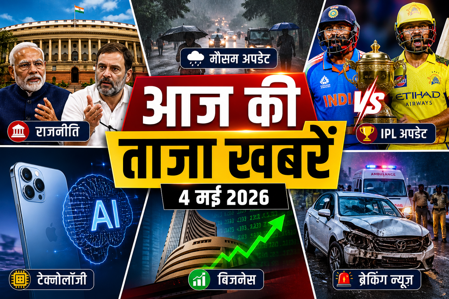 Today news:4 मई 2026 का थंबनेल जिसमें राजनीति, मौसम, IPL, टेक्नोलॉजी और ब्रेकिंग न्यूज से जुड़ी झलक दिखाई गई है