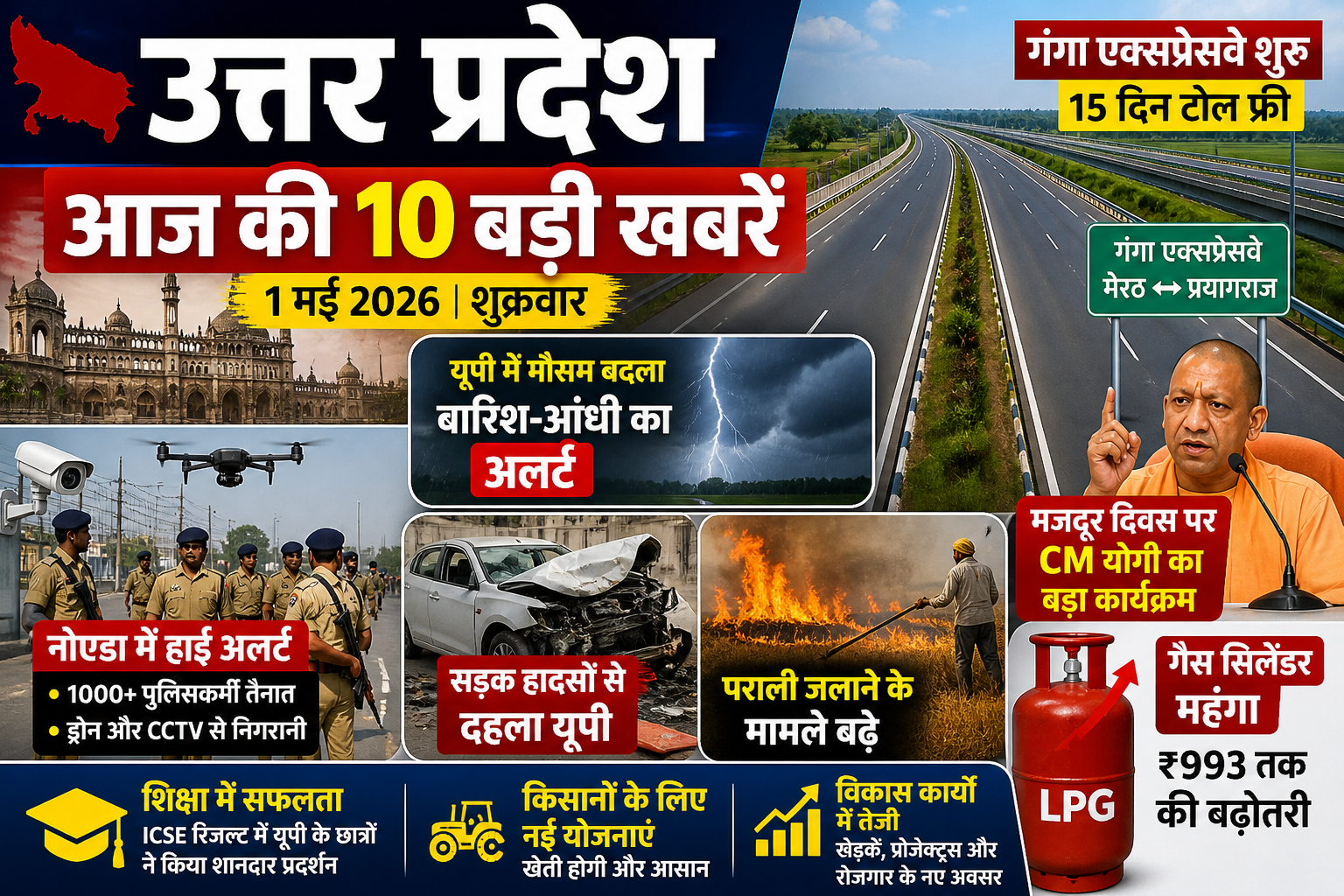 Uttar Pradesh News Today thumbnail जिसमें गंगा एक्सप्रेसवे, मौसम अलर्ट, नोएडा हाई अलर्ट, सड़क हादसे और LPG गैस महंगाई की खबरें दिखाई गई हैं