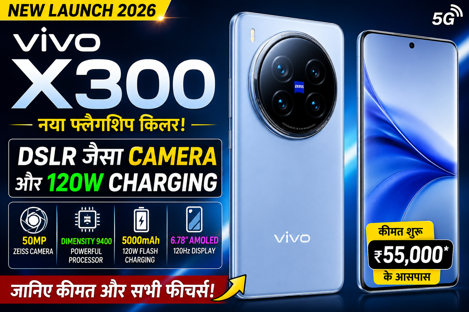 Vivo X300 स्मार्टफोन का क्लीन लॉन्च पोस्टर जिसमें 50MP ZEISS कैमरा, 120W फास्ट चार्जिंग और AMOLED डिस्प्ले दिखाया गया है