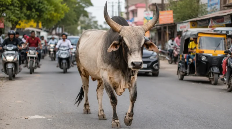 uttar pradesh में सांड घूमता हुआ