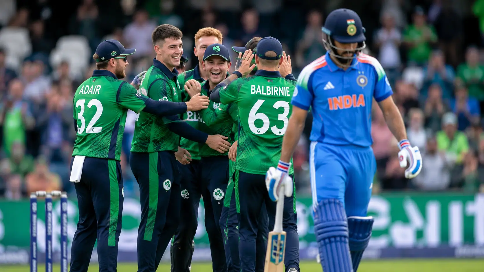 IND vs IRE 1st T20I में भारत पर ऐतिहासिक जीत के बाद जश्न मनाते आयरलैंड के खिलाड़ी, मैदान छोड़ते भारतीय बल्लेबाज