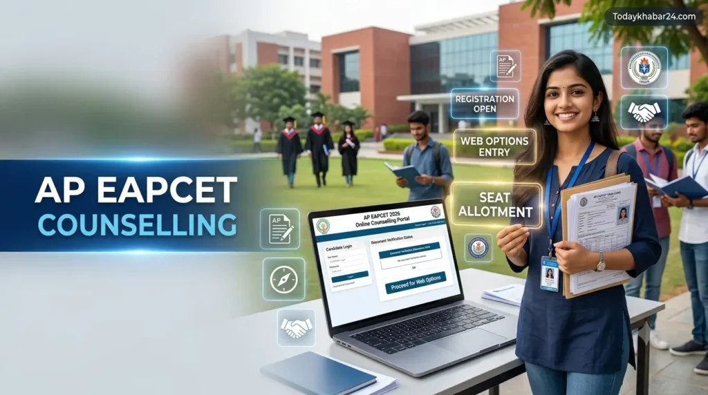 AP EAPCET Counselling 2026 online portal display on laptop screen with an Indian female student holding admission documents in front of a modern college campus background.