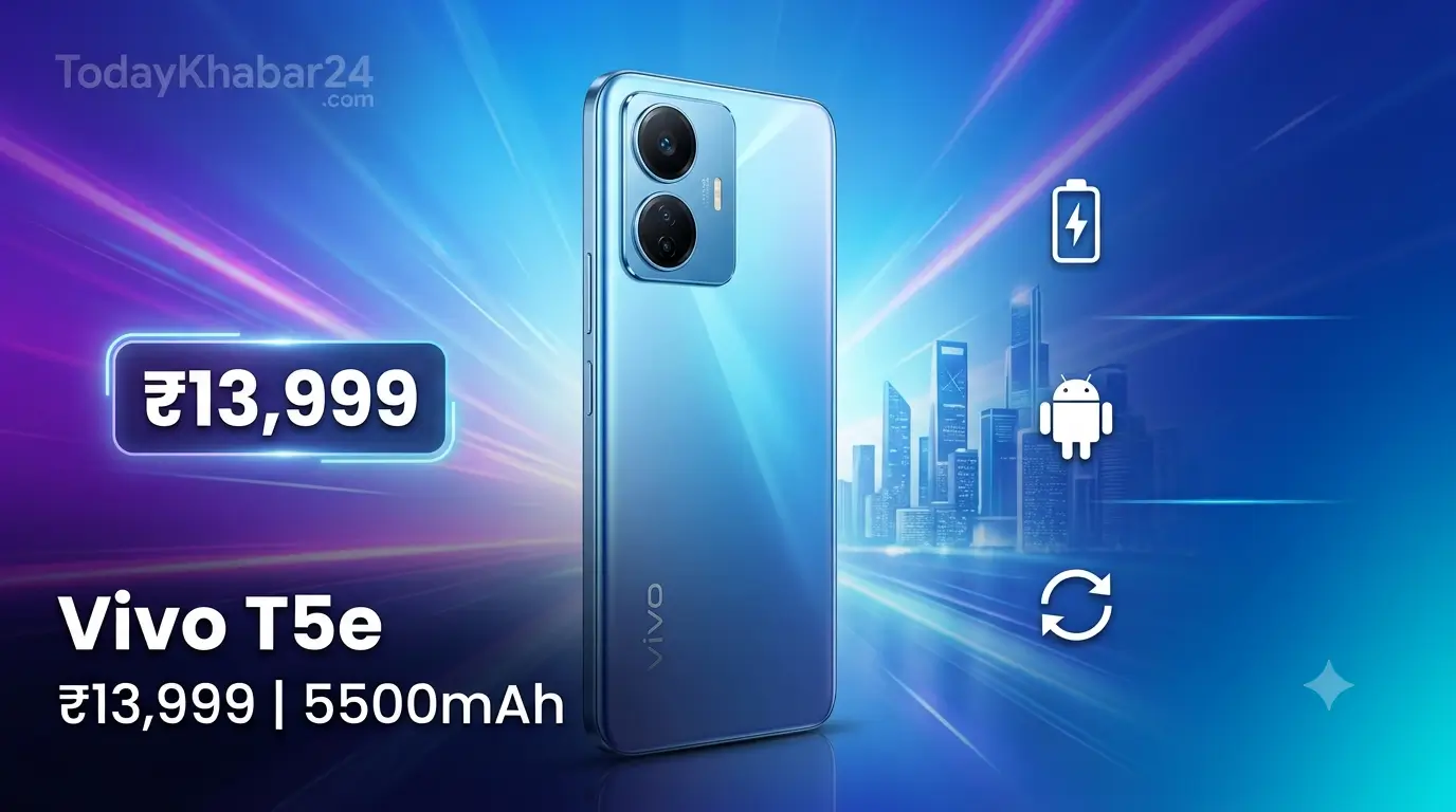 Vivo T5e स्मार्टफोन लॉन्च, ₹13,999 कीमत, 5500mAh बैटरी और 90Hz डिस्प्ले के साथ।