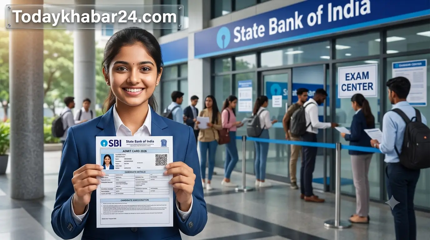 SBI PO Admit Card 2026 जारी होने के बाद एडमिट कार्ड पकड़े भारतीय अभ्यर्थी, SBI बैंक शाखा और परीक्षा केंद्र की पृष्ठभूमि।