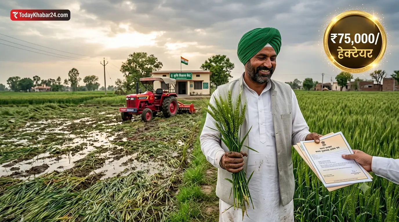किसानों को मुआवजा देते हुए