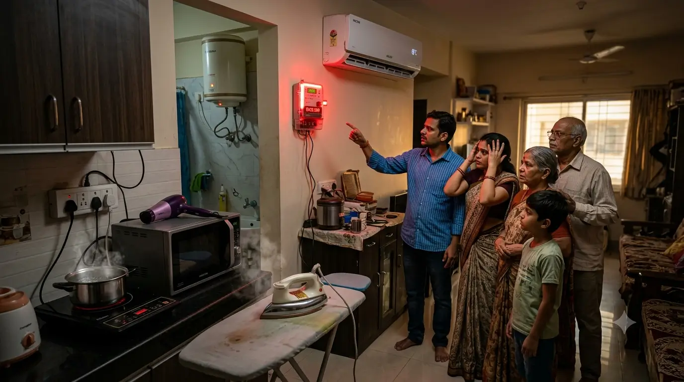 AC के साथ हाई-पावर उपकरण चलाने से बिजली मीटर ओवरलोड होने का सांकेतिक दृश्य।