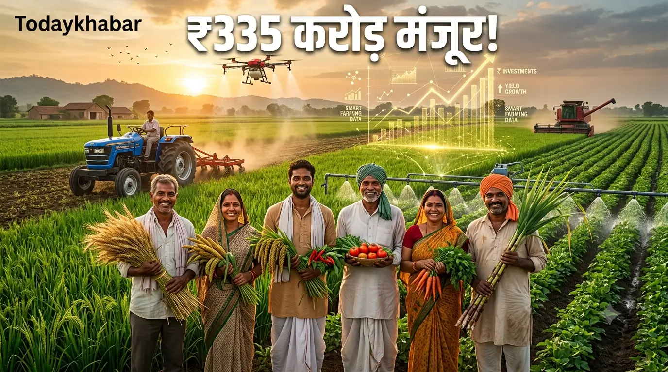 PM-RKVY भारतीय किसान हरे-भरे खेतों में आधुनिक कृषि तकनीक और स्मार्ट फार्मिंग मशीनों के साथ कृषि विकास को दर्शाते हुए