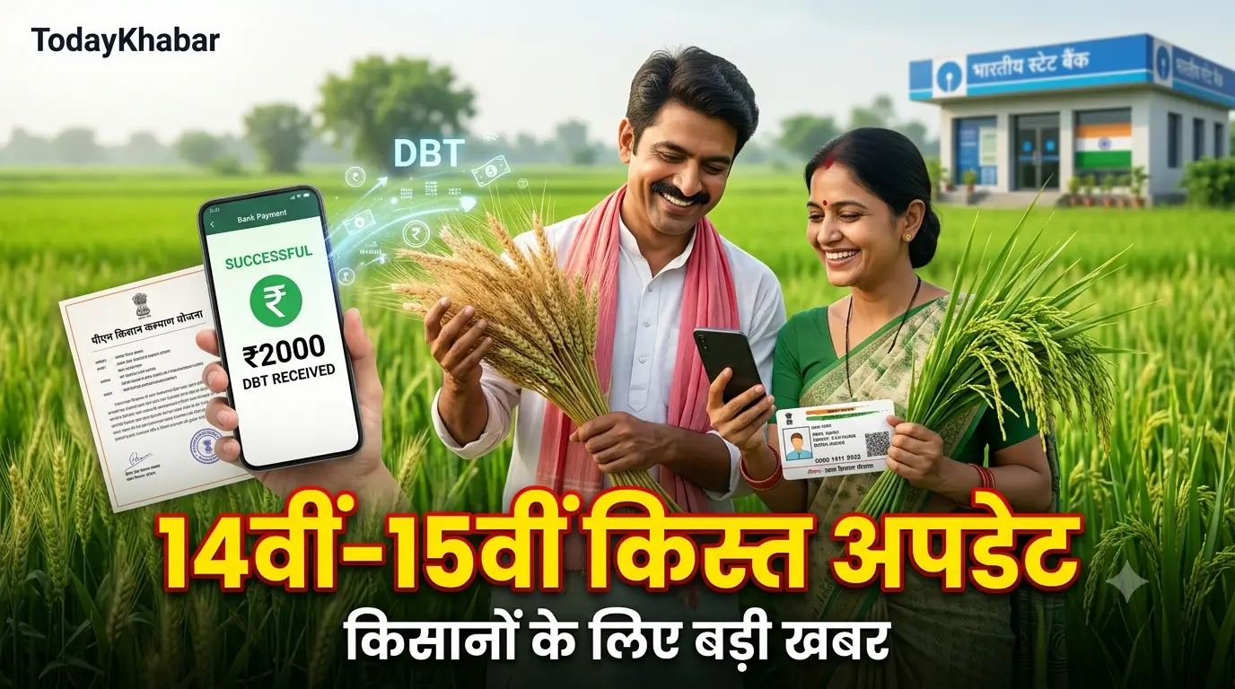 CM Kisan Kalyan Yojana की 14वीं और 15वीं किस्त अपडेट दर्शाता Google Discover थंबनेल, जिसमें खेत में खुश किसान, स्मार्टफोन पर DBT भुगतान और बैंक की पृष्ठभूमि दिखाई गई है।