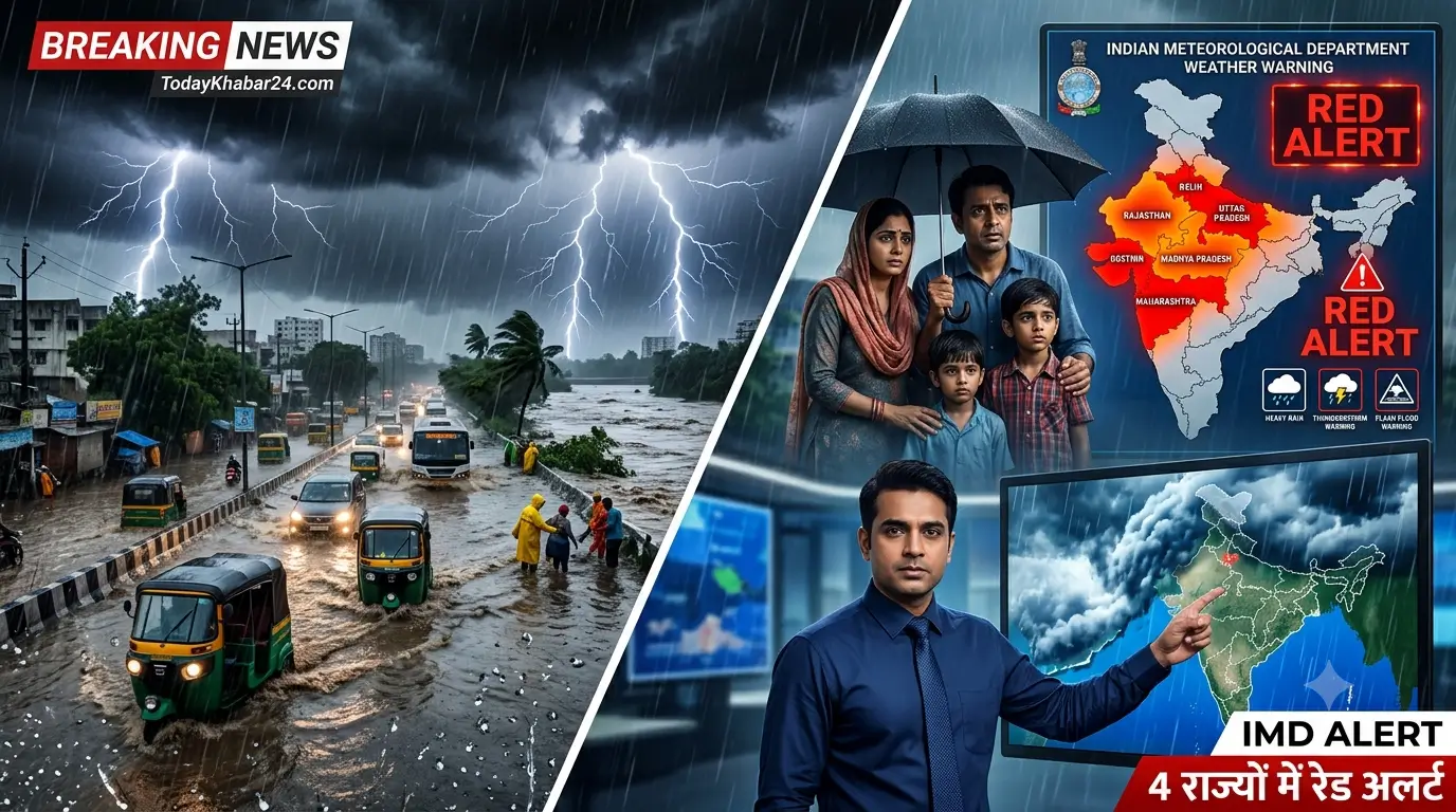 IMD Weather Alert 2026: भारत में सुपर एक्टिव मानसून के बीच 4 राज्यों में रेड अलर्ट और कई राज्यों में भारी बारिश का दृश्य।