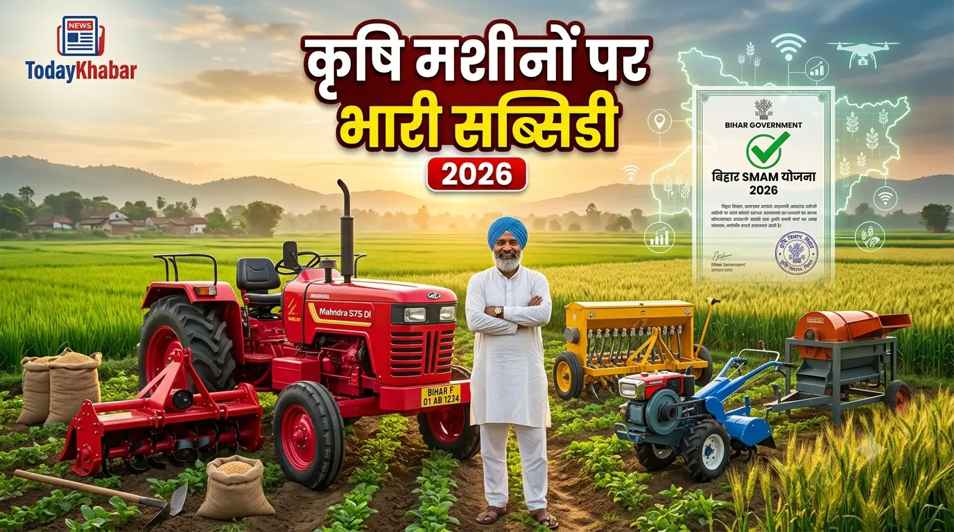 बिहार SMAM योजना 2026 के तहत कृषि मशीनों पर सब्सिडी प्राप्त करता किसान, ट्रैक्टर और आधुनिक कृषि यंत्रों का प्रतीकात्मक दृश्य।