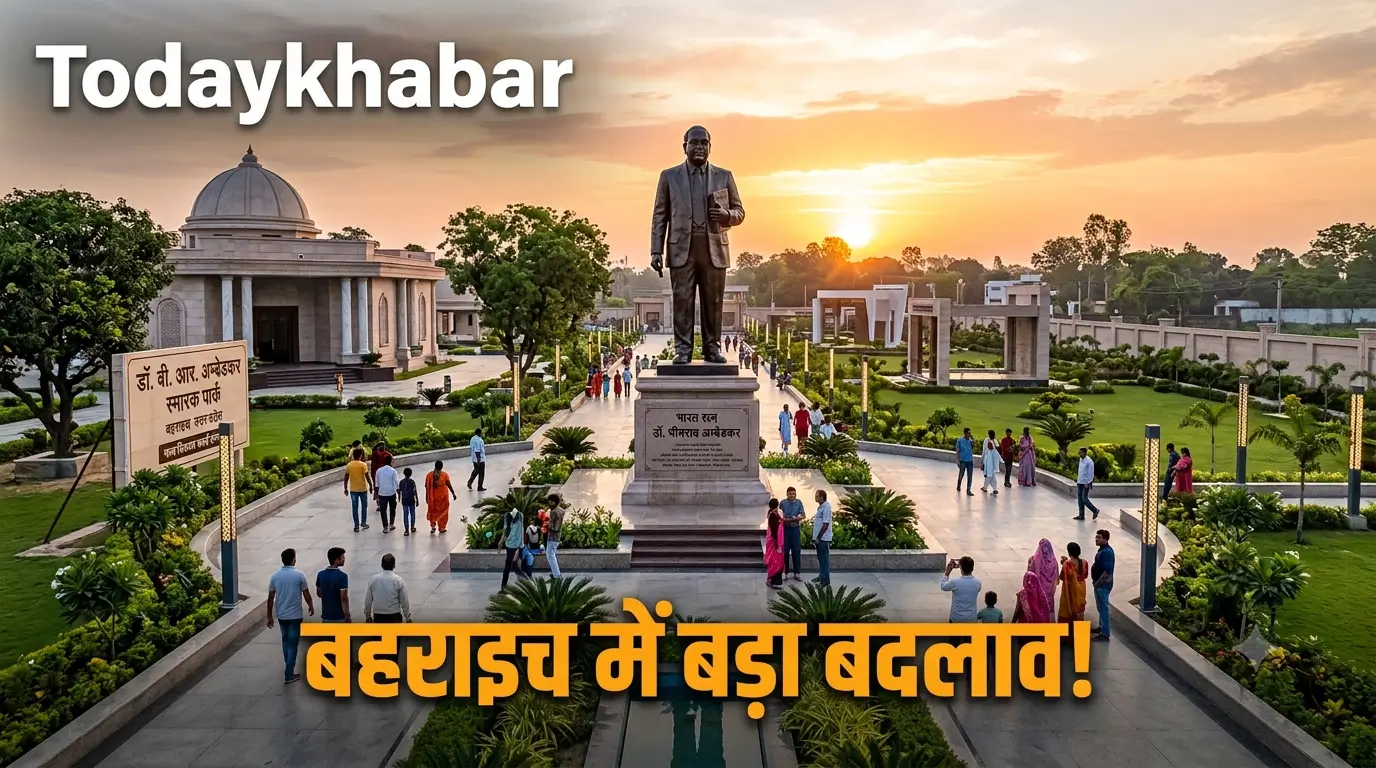 बहराइच में 70 अंबेडकर स्मारकों के विकास और सौंदर्यीकरण को दर्शाती खबर की तस्वीर, डॉ. भीमराव अंबेडकर प्रतिमा और विकसित स्मारक परिसर