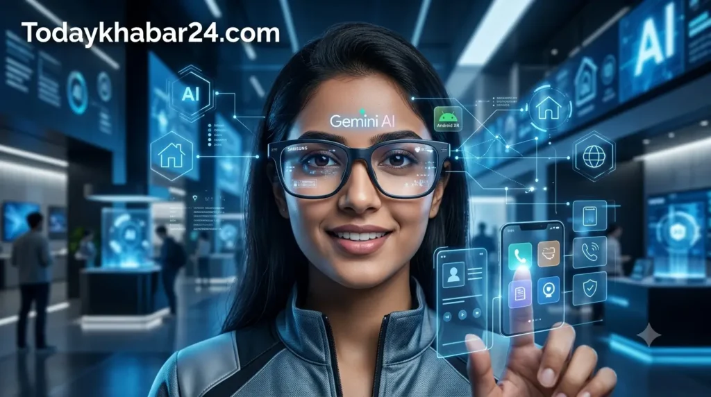 Samsung AI Smart Glasses with Gemini AI and Android XR technology, futuristic smart wearable device competing with Meta Ray-Ban glasses