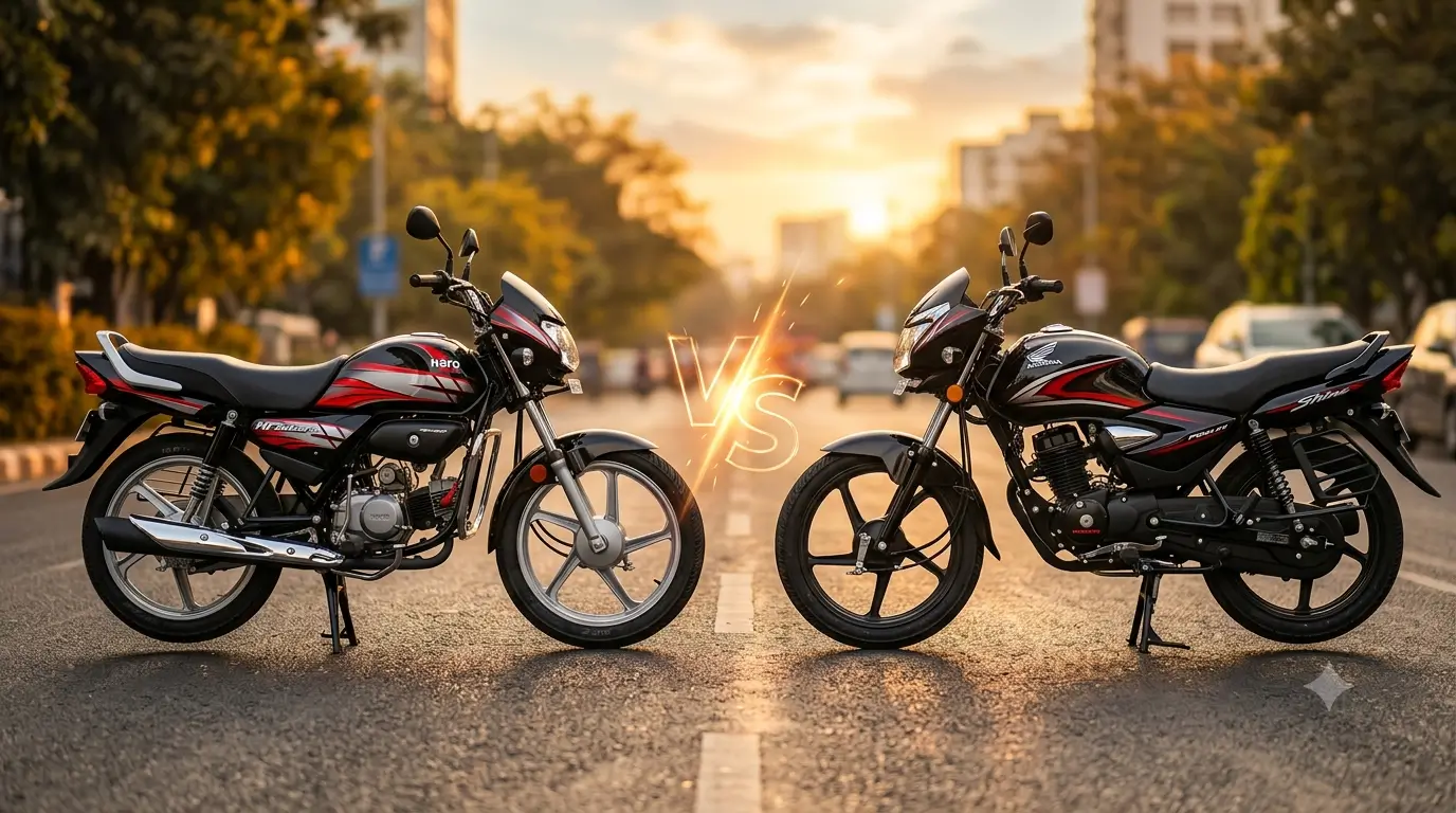 Hero HF Deluxe 100 vs Honda Shine 100 की तुलना दिखाती हाई-क्वालिटी इमेज, जिसमें दोनों 100cc बाइक्स आमने-सामने खड़ी हैं।