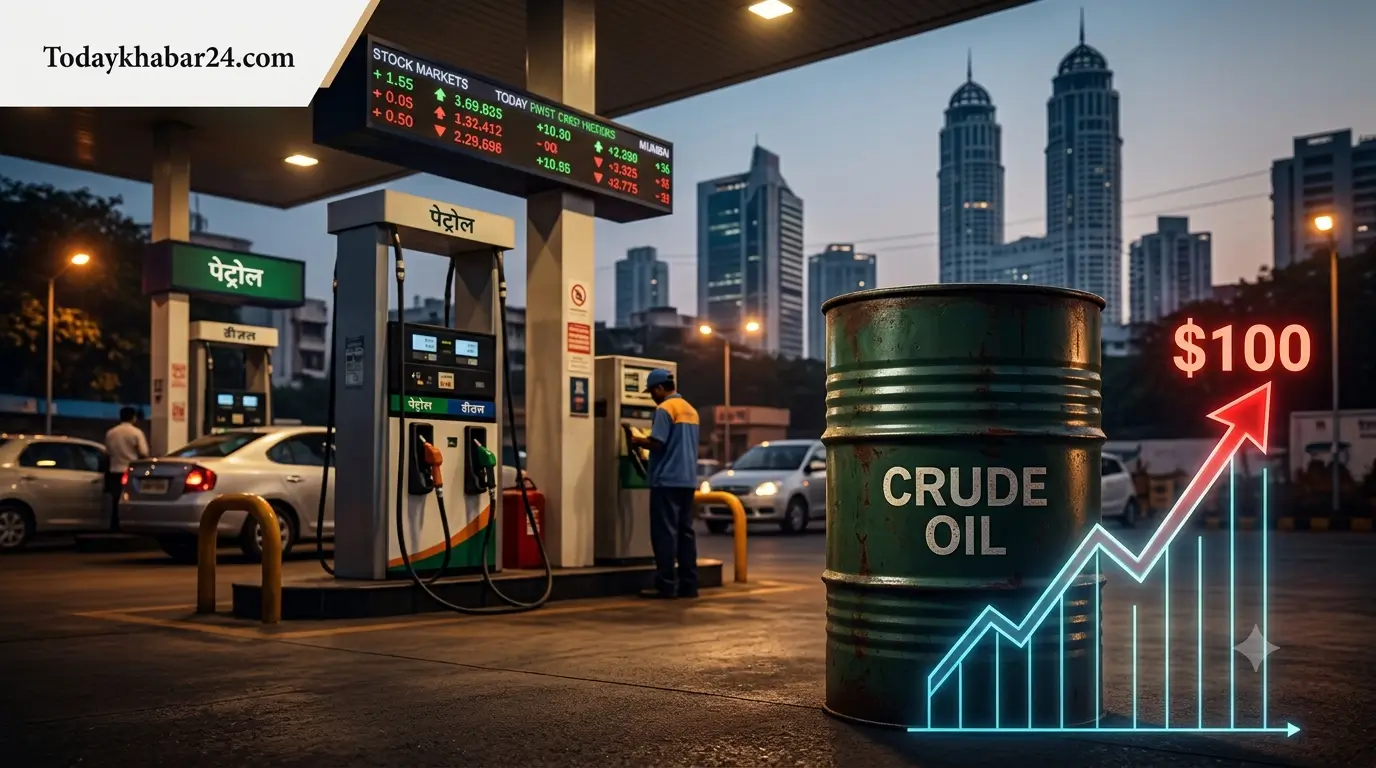 Hindi business news thumbnail showing crude oil barrel, petrol pump station, rising stock market graph pointing to $100, and Todaykhabar24.com logo." पेट्रोल
