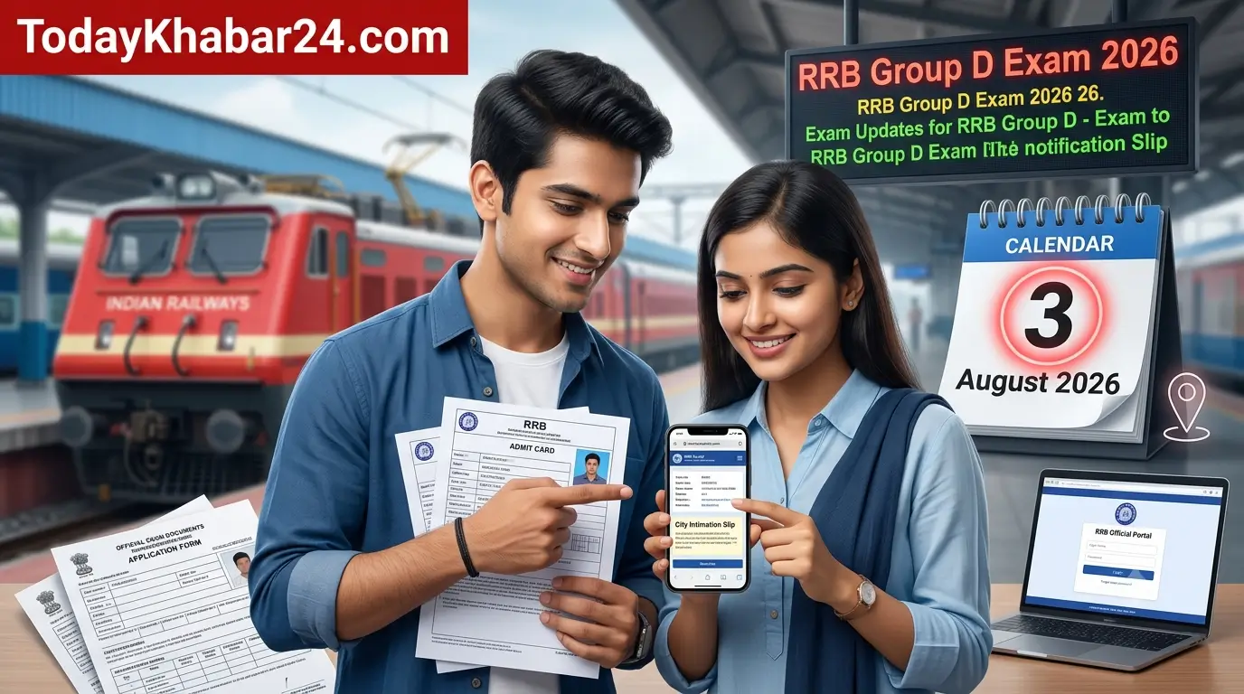 RRB Group D Exam Date 2026 के लिए परीक्षा शहर (Exam City Slip) चेक करते भारतीय अभ्यर्थी, रेलवे स्टेशन की पृष्ठभूमि में परीक्षा तैयारी का दृश्य।