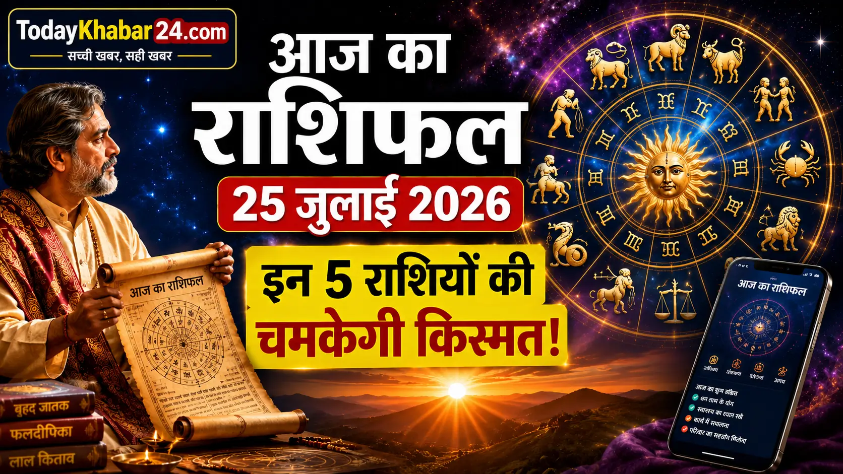 शनिवार का राशिफल 25 जुलाई 2026 की Google Discover थंबनेल, जिसमें 12 राशियों का राशि चक्र, ज्योतिषाचार्य और "इन 5 राशियों की चमकेगी किस्मत" शीर्षक दिखाई दे रहा है।