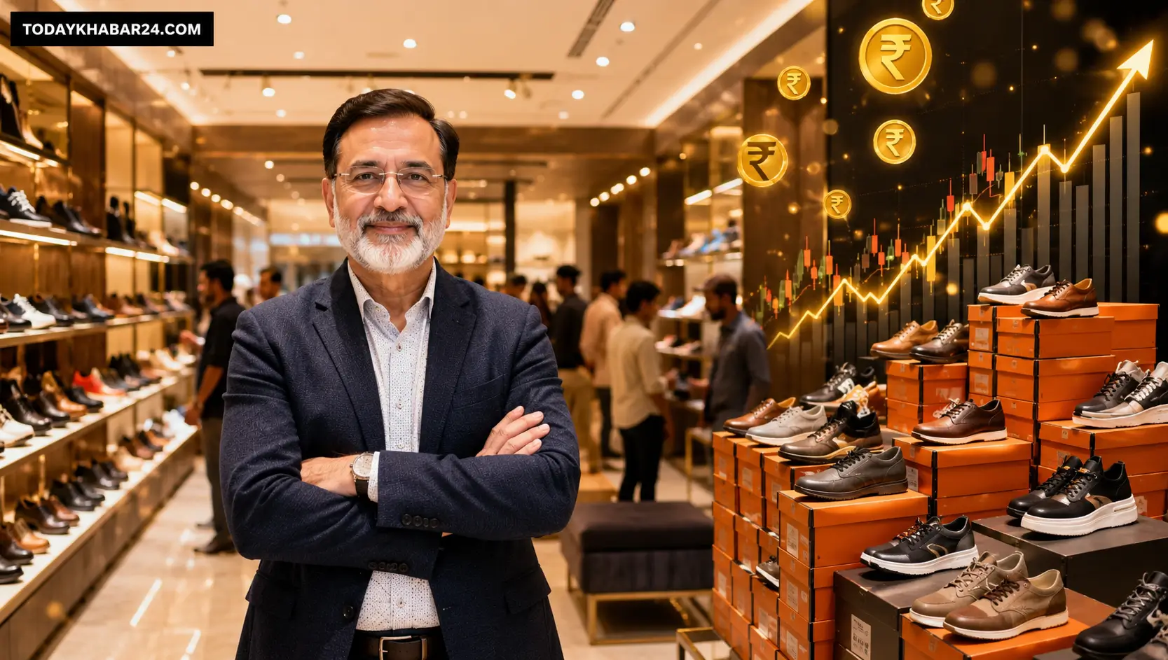 रफीक मलिक प्रीमियम Metro Brands showroom में खड़े हैं, जहां जूतों की डिस्प्ले, शू बॉक्स और बिजनेस ग्रोथ को दर्शाता स्टॉक मार्केट ग्राफ दिखाई दे रहा है।