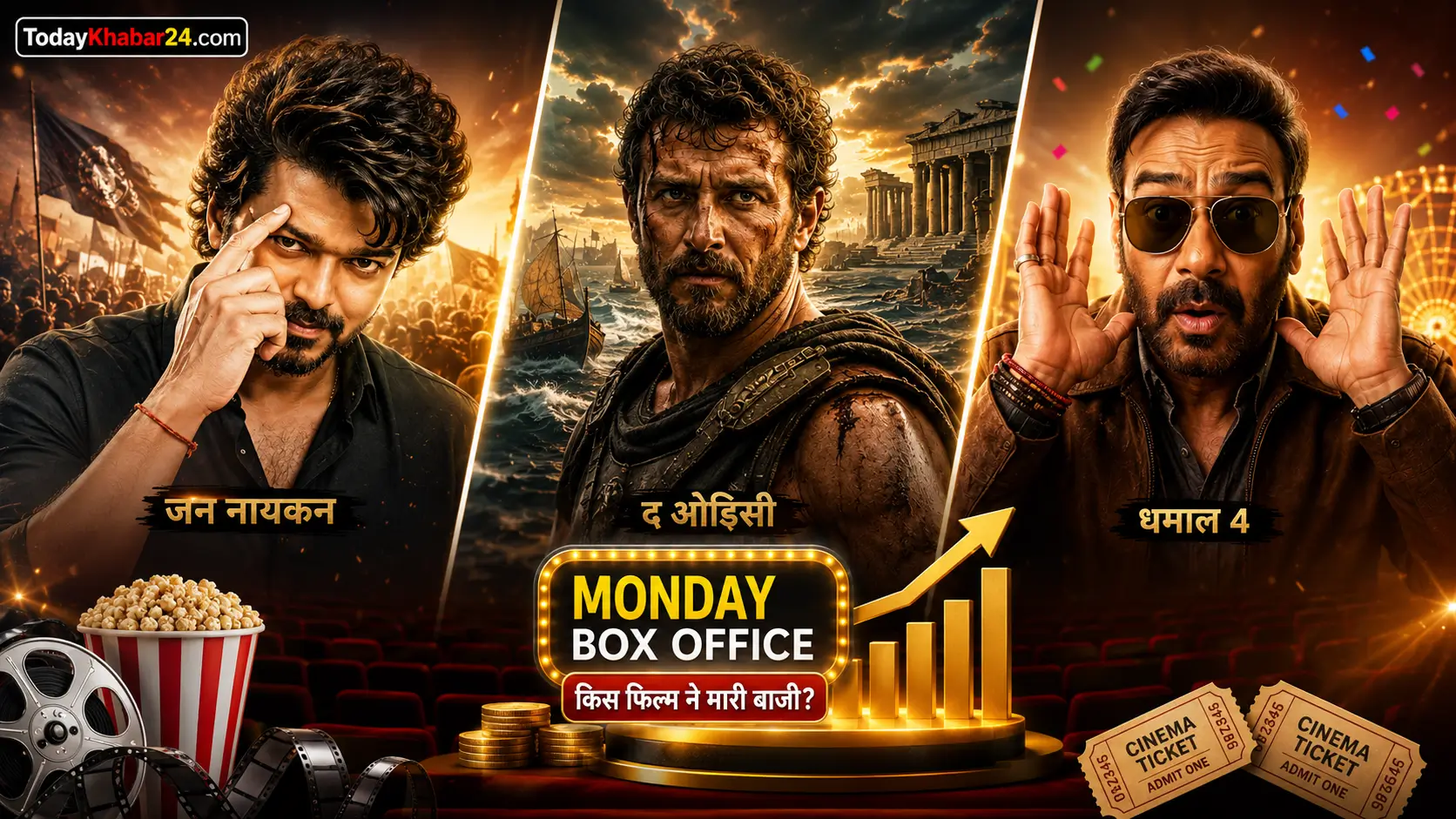 Monday Box Office Collection 2026: जन नायकन, द ओडिसी और धमाल 4 की बॉक्स ऑफिस रिपोर्ट दर्शाता Google Discover थंबनेल।