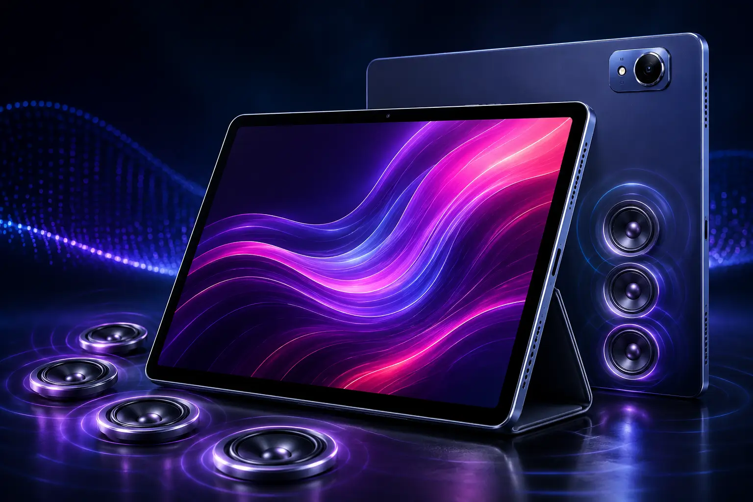 Motorola Moto Pad 70 Groove tablet featuring a 12.1-inch display with a premium design and immersive 9 JBL speaker audio system.