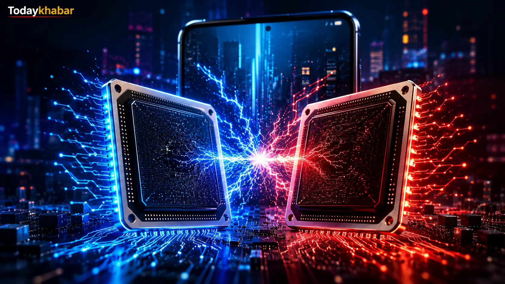 Qualcomm और MediaTek के 2nm फ्लैगशिप चिपसेट की प्रतीकात्मक तस्वीर, सितंबर 2026 लॉन्च और AI प्रोसेसर मुकाबला।