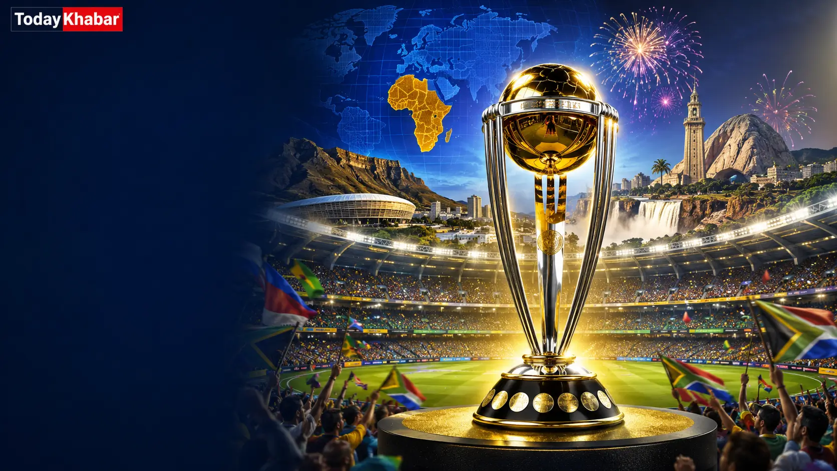 ICC World Cup 2027 ट्रॉफी के साथ दक्षिण अफ्रीका, जिम्बाब्वे और नामीबिया में घोषित मेजबान वेन्यू का प्रतीकात्मक दृश्य।