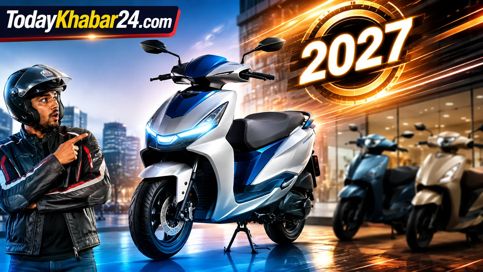 Piaggio Scooter 2027 India launch concept image with futuristic scooter and Honda Activa, TVS Jupiter rival | TodayKhabar24.com