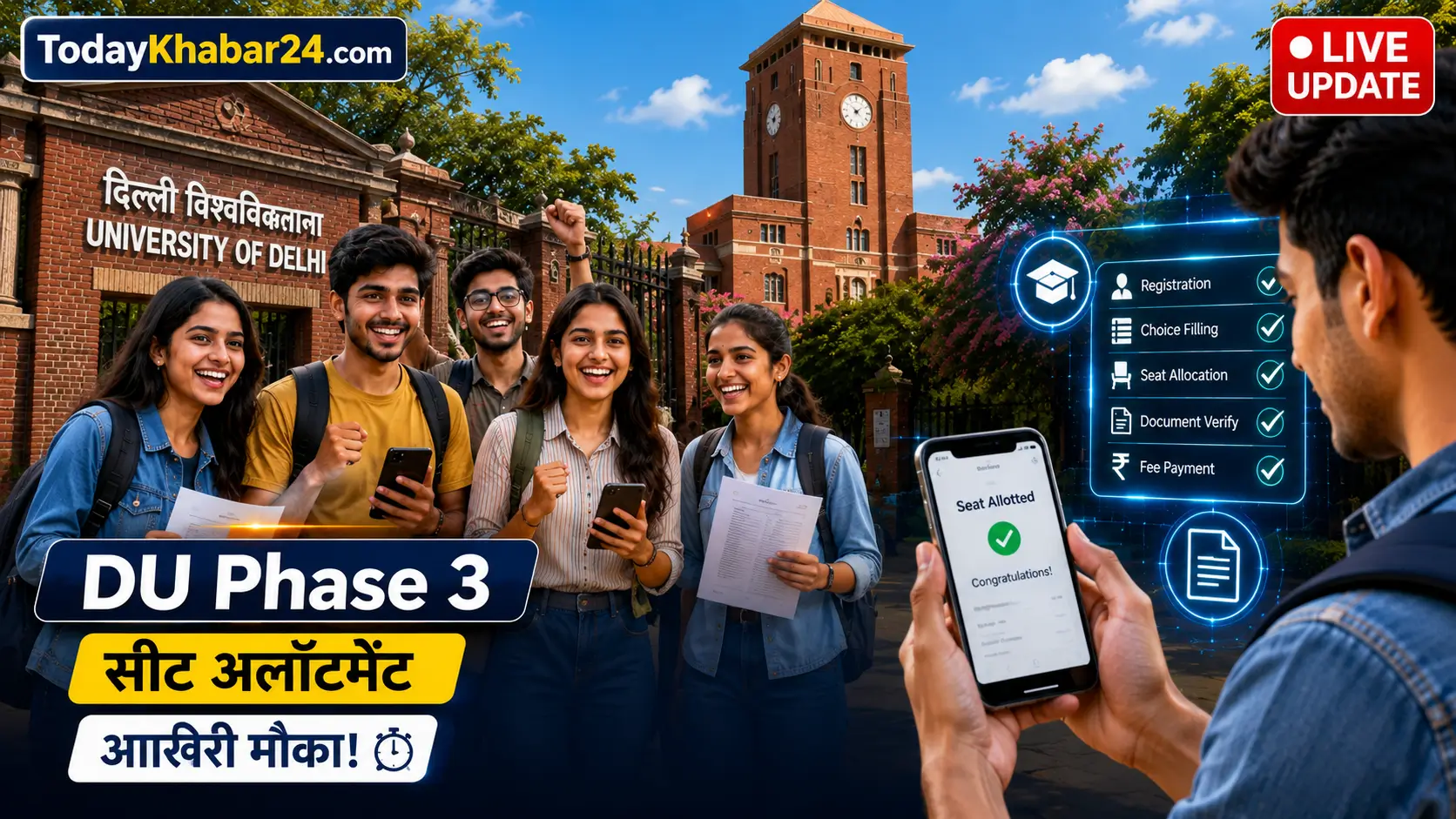 DU Phase 3 Seat Allocation 2026 के लिए दिल्ली विश्वविद्यालय के नॉर्थ कैंपस में खुश छात्र, सीट अलॉटमेंट और एडमिशन प्रक्रिया दर्शाता Google Discover थंबनेल।
