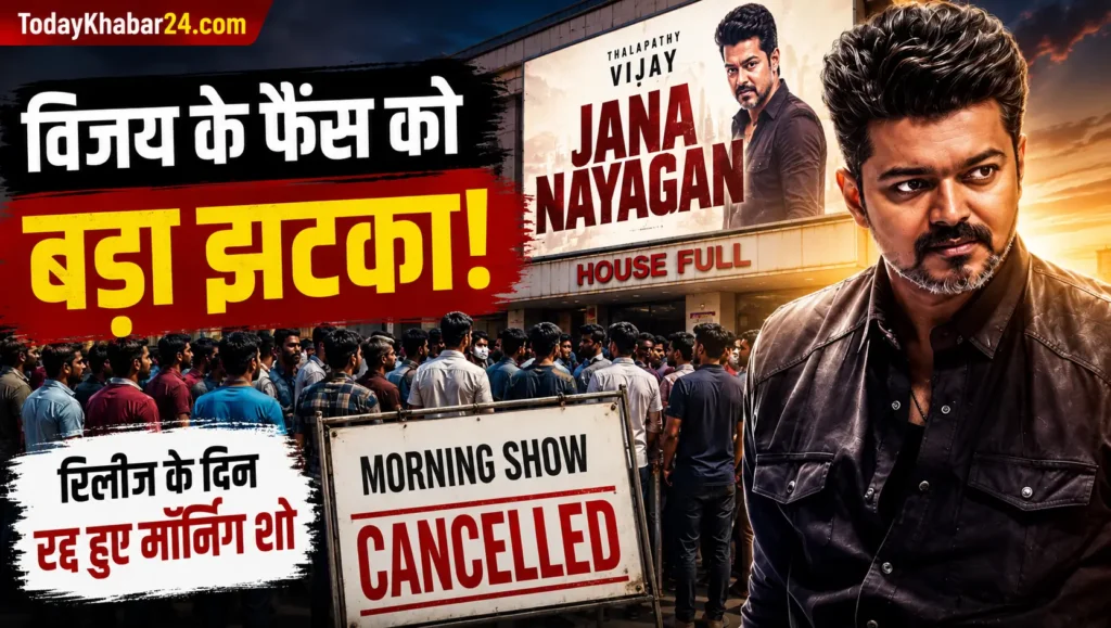 Jana Nayagan रिलीज पर थलापति विजय की फोटो, थिएटर के बाहर भीड़ और Morning Show Cancelled बोर्ड दिखाता Google Discover न्यूज़ थंबनेल।