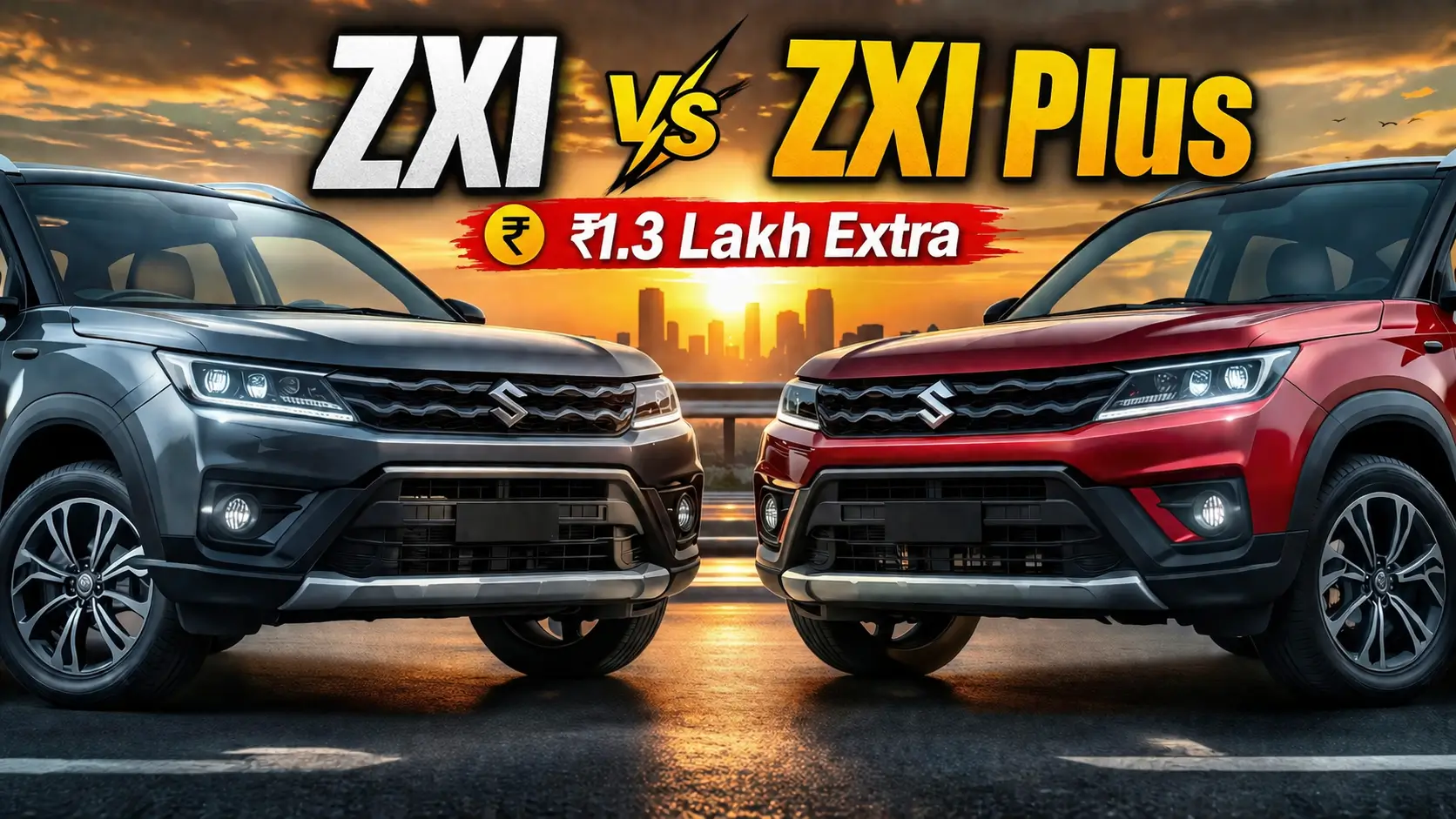 Maruti Brezza ZXI and ZXI Plus SUVs parked side by side on a highway during sunset with comparison text highlighting the ₹1.3 lakh price difference.