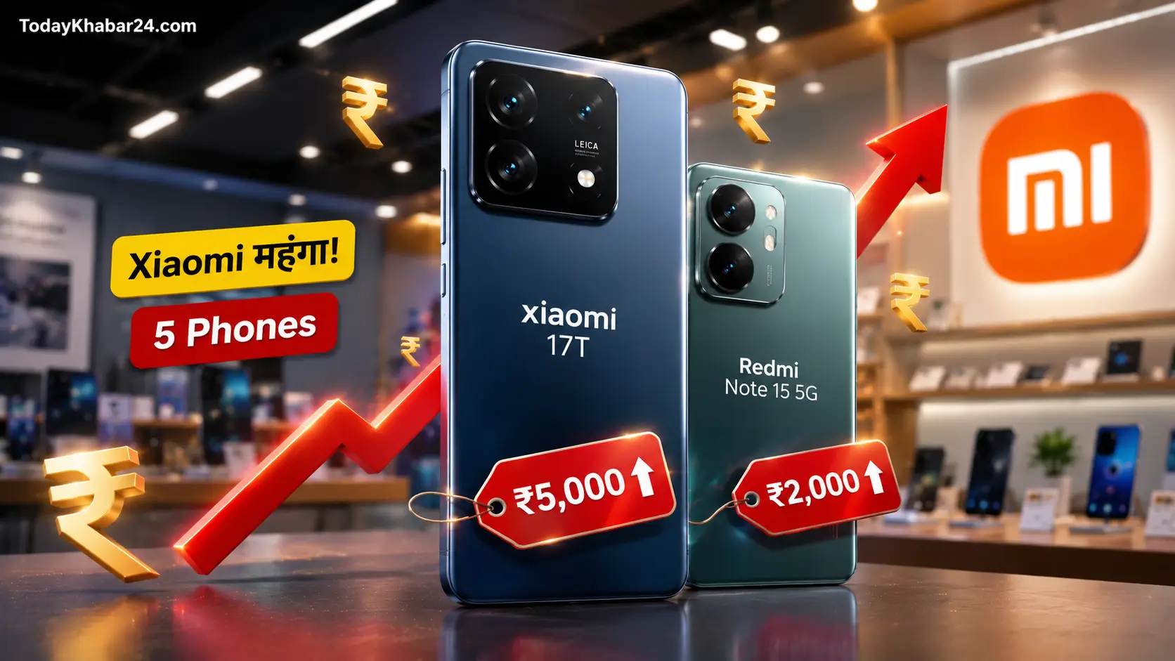 Xiaomi Price Hike 2026 की Google Discover थंबनेल, जिसमें Xiaomi 17T और Redmi Note 15 5G स्मार्टफोन के साथ कीमत बढ़ने का संकेत दिखाया गया है।