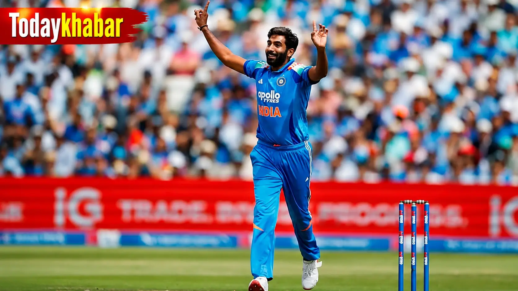 Jasprit Bumrah मैच के दौरान विकेट लेने के बाद जश्न मनाते हुए, ऊपर बाईं ओर Todaykhabar ब्रांडिंग के साथ Google Discover फ्रेंडली क्रिकेट न्यूज़ थंबनेल।