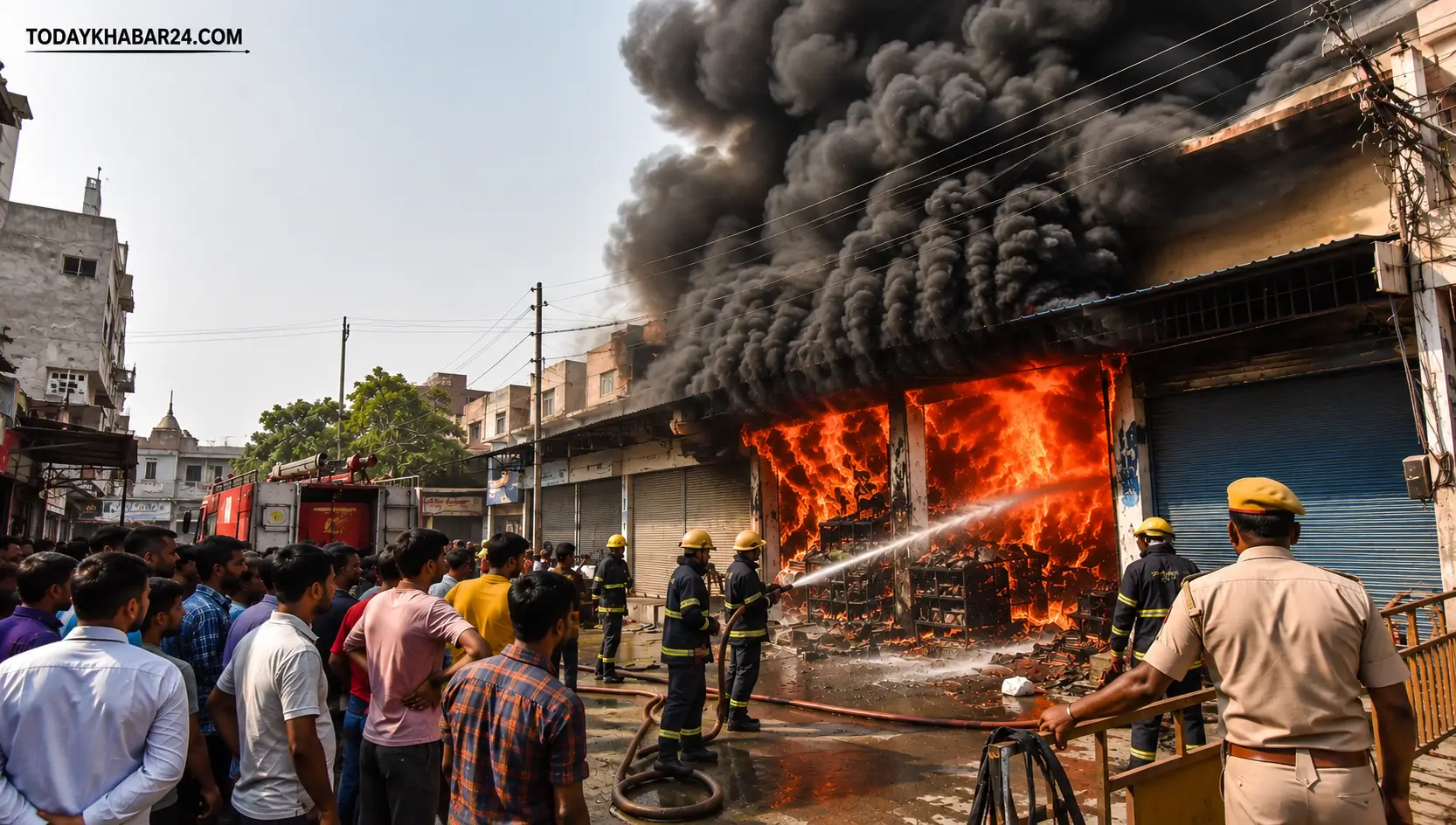 सीतापुर में बंद बैटरी और इन्वर्टर की दुकान में लगी भीषण आग पर काबू पाने की कोशिश करते दमकल कर्मी और मौके पर मौजूद स्थानीय लोग।