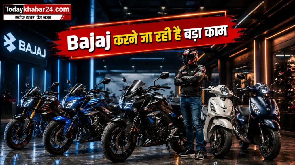 Bajaj Auto के नए टू-व्हीलर लॉन्च को दर्शाती प्रीमियम फीचर्ड इमेज, जिसमें नई Bajaj बाइक्स और Chetak इलेक्ट्रिक स्कूटर दिखाई दे रहे हैं।