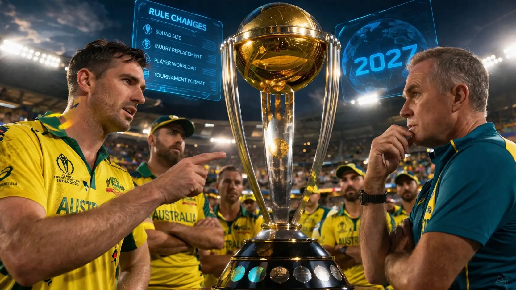 ऑस्ट्रेलियाई क्रिकेट टीम विश्व कप ट्रॉफी के साथ ICC World Cup 2027 से पहले नियम बदलाव पर चर्चा करती हुई दिखाई दे रही है।