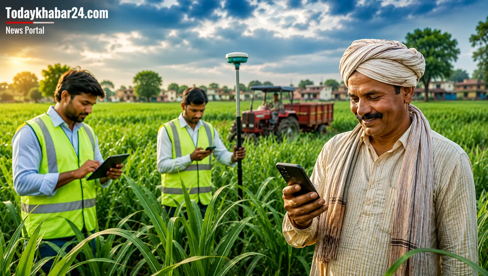 UP Sugarcane Survey 2026: उत्तर प्रदेश के गन्ना खेत में GPS तकनीक से सर्वे करती टीम, किसान मोबाइल पर SMS अपडेट देखते हुए।