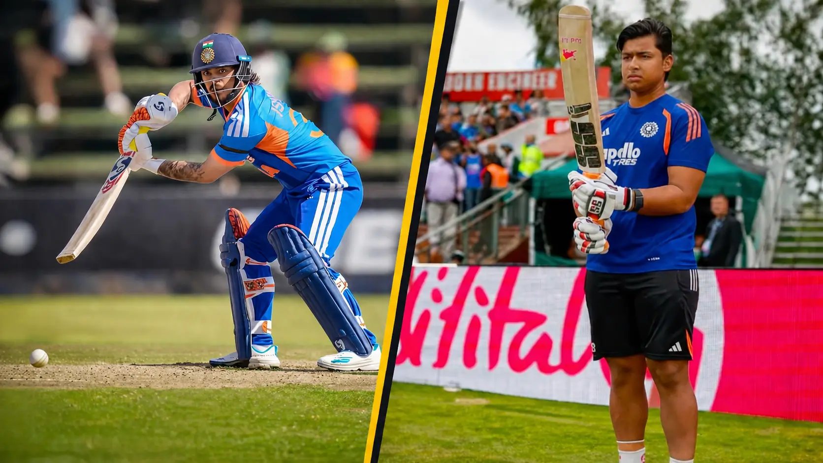 Duleep trophy 2026 के लिए ईस्ट ज़ोन टीम के कप्तान ईशान किशन और उपकप्तान वैभव सूर्यवंशी की स्प्लिट-स्क्रीन क्रिकेट तस्वीर।