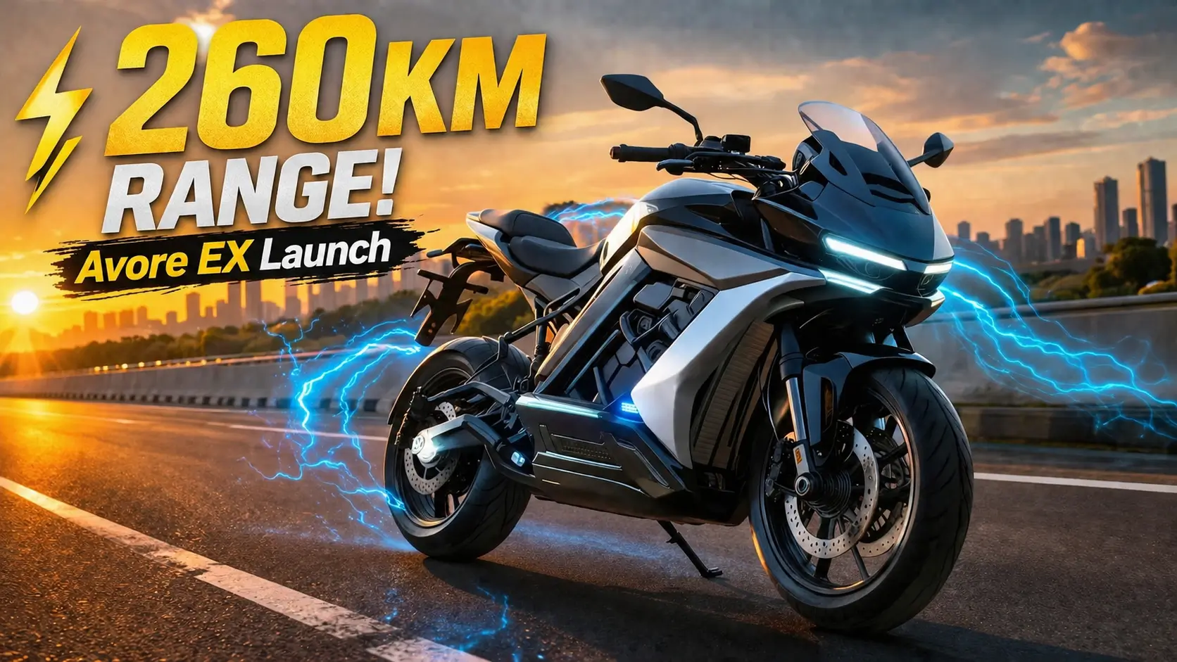 Avore EX इलेक्ट्रिक बाइक हाईवे पर खड़ी हुई, 260KM रेंज और आधुनिक AI फीचर्स के साथ भारत में लॉन्च।