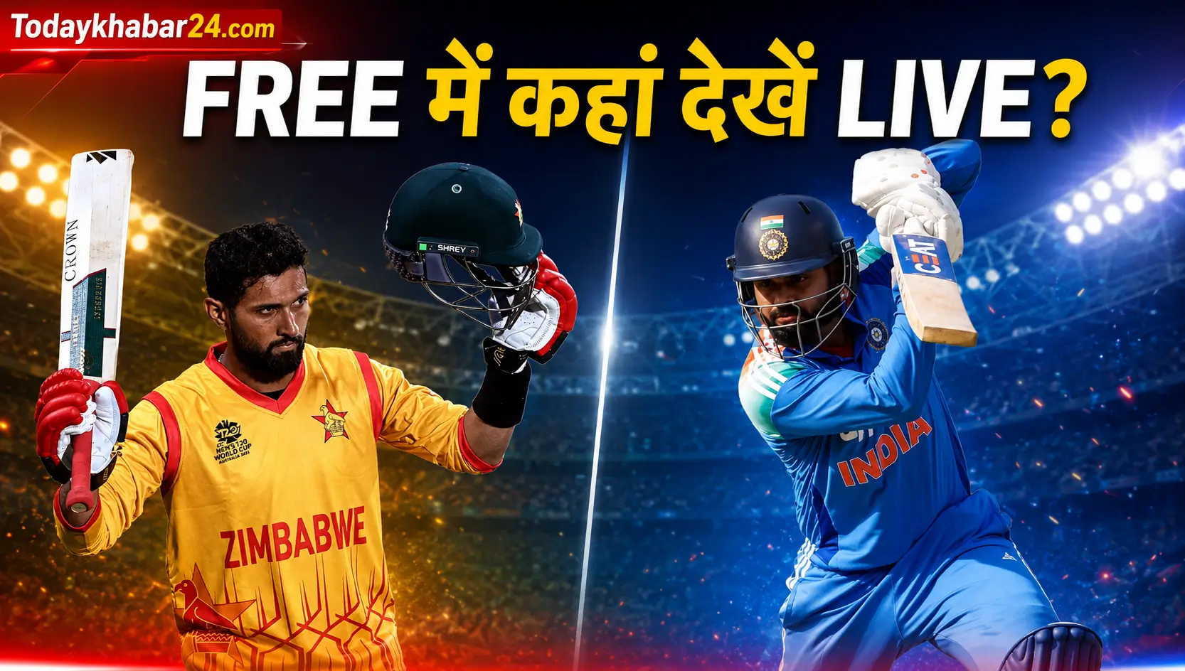 IND vs ZIM 1st T20I क्रिकेट मैच की Google Discover न्यूज़ थंबनेल, जिसमें बाईं ओर जिम्बाब्वे का बल्लेबाज़ और दाईं ओर भारतीय बल्लेबाज़ दिखाई दे रहा है। ऊपर लिखा है – "FREE में कहां देखें LIVE?"
