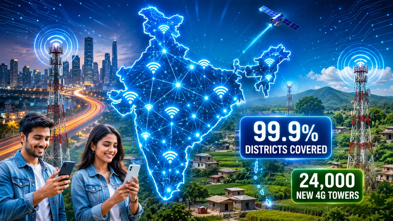 भारत में 5G network विस्तार को दर्शाती तस्वीर, 99.9% जिलों तक 5G कवरेज और 24,000 नए 4G मोबाइल टावर।