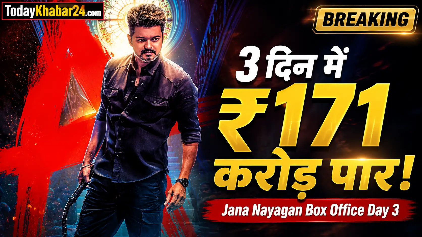 Jana Nayagan Box Office Collection Day 3 thumbnail featuring Thalapathy Vijay with ₹171 crore worldwide collection milestone and TodayKhabar24 branding.