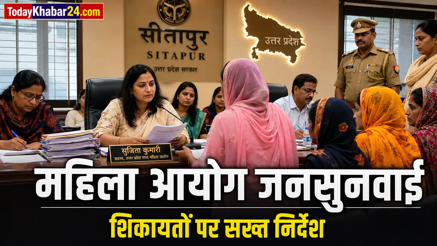 सीतापुर में उत्तर प्रदेश राज्य महिला आयोग की सदस्य सुजिता कुमारी जनसुनवाई के दौरान महिलाओं की शिकायतें सुनते हुए।