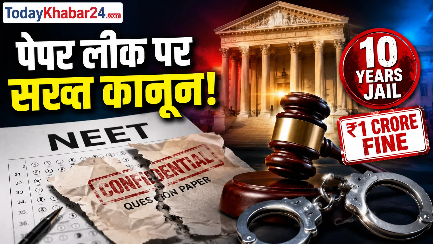 NEET Paper Leak पर सख्त कानून दर्शाती तस्वीर, जिसमें NEET उत्तर पुस्तिका, गोपनीय प्रश्नपत्र, हथकड़ी, न्यायाधीश की हथौड़ी और 10 साल जेल व ₹1 करोड़ जुर्माने का प्रतीक दिखाया गया है।