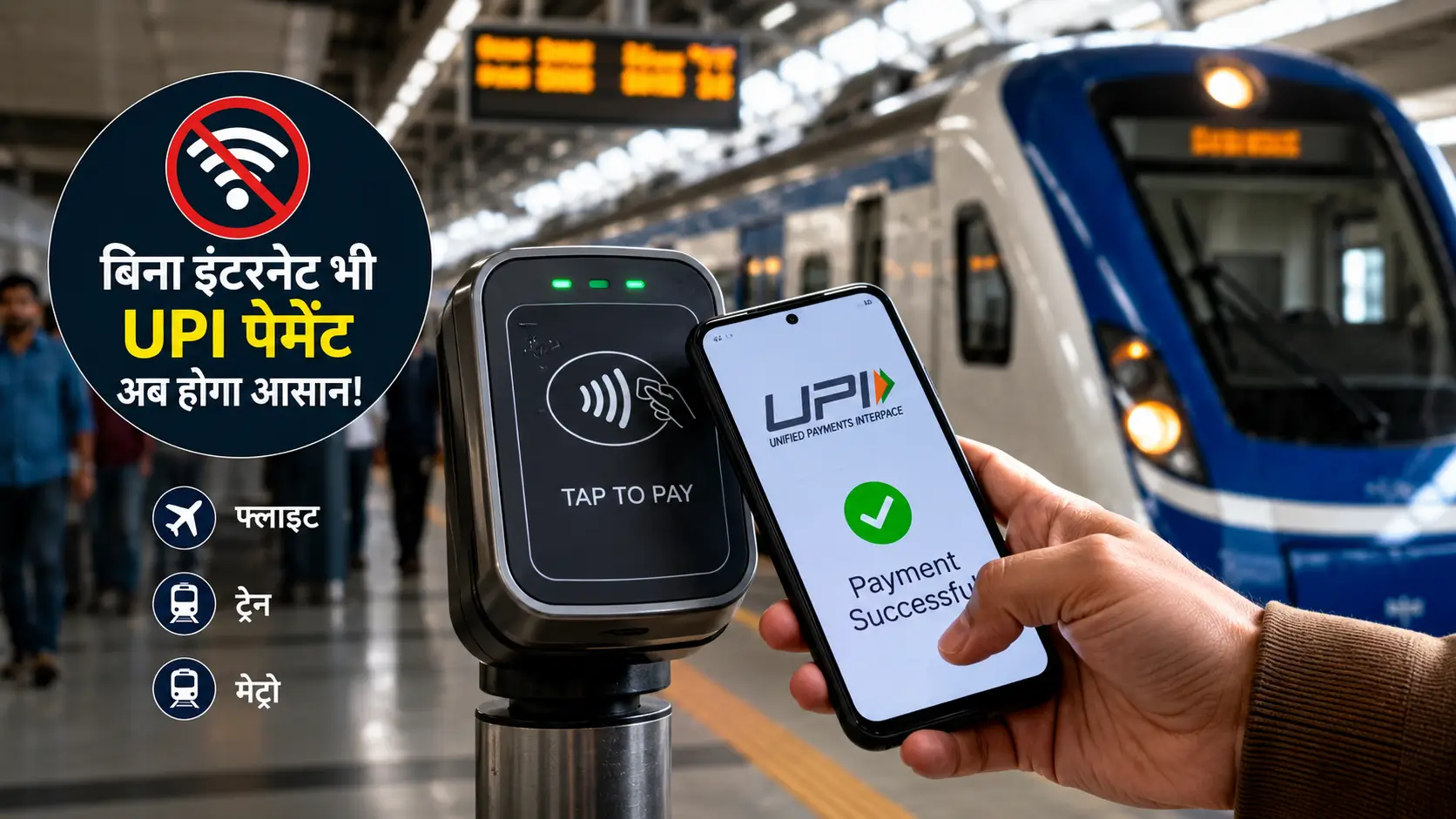 बिना इंटरनेट के UPI पेमेंट दिखाता स्मार्टफोन, NPCI का नया Offline Tap to Pay फीचर, फ्लाइट और ट्रेन में डिजिटल भुगतान का प्रतीकात्मक दृश्य।