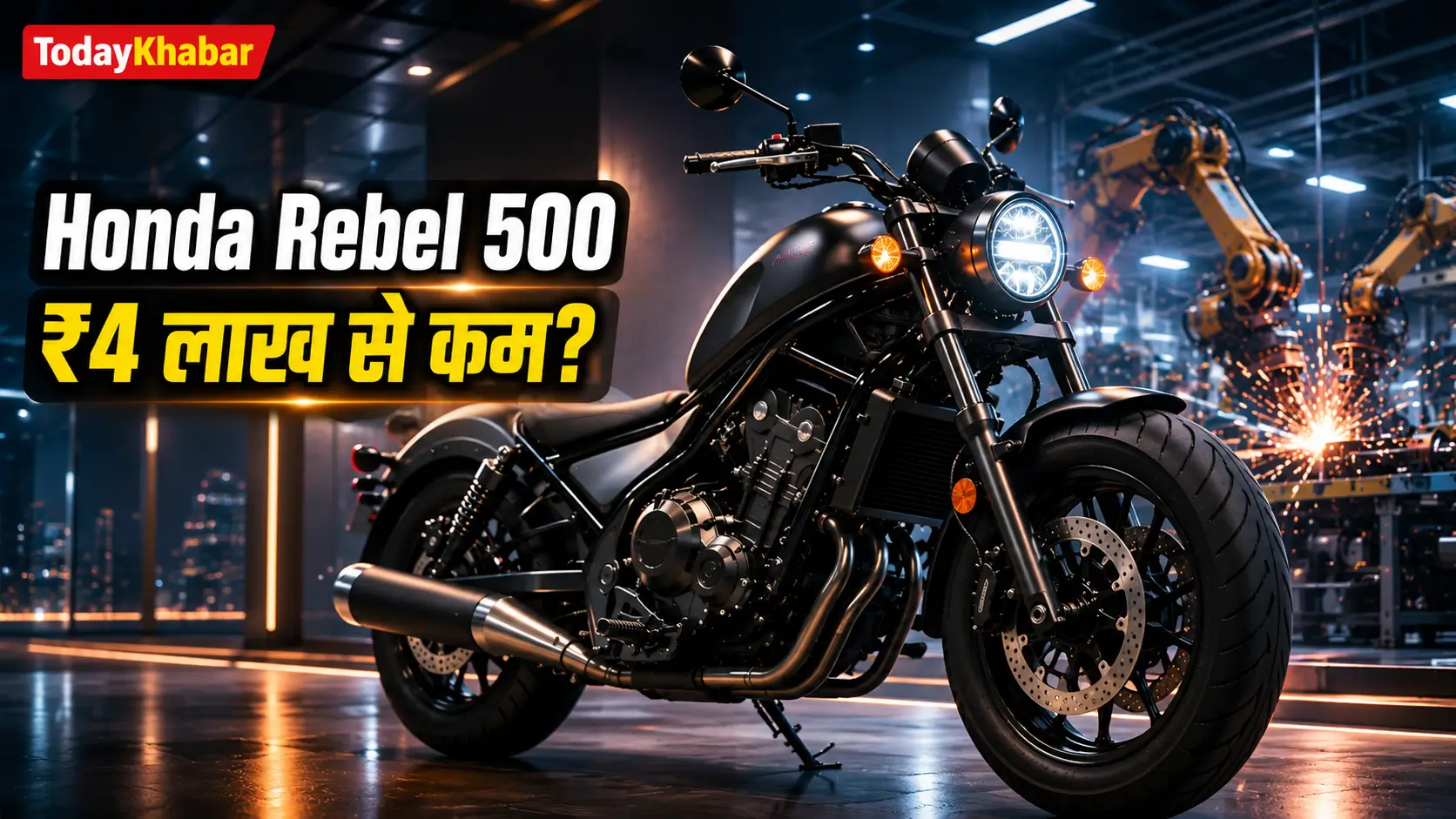 Honda Rebel 500 से प्रेरित मैट ब्लैक प्रीमियम क्रूज़र बाइक का थंबनेल, जिसमें ₹4 लाख से कम संभावित कीमत की जानकारी दिखाई गई है।