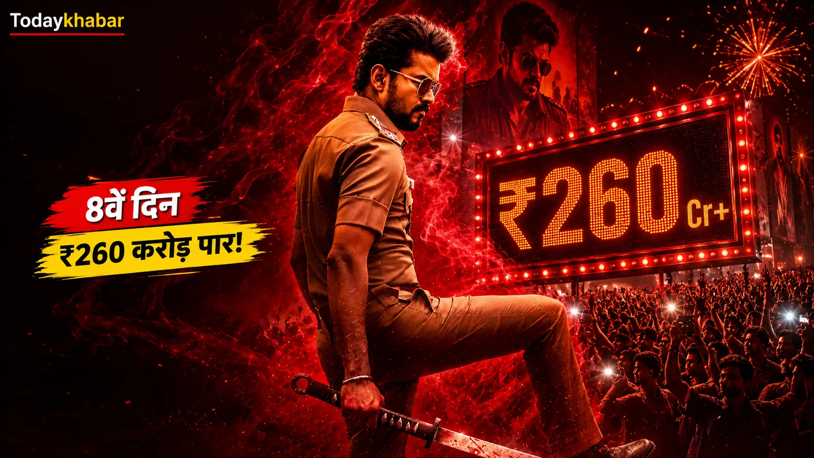 Jana Nayagan Box Office Collection Day 8 thumbnail featuring a South Indian superstar-inspired action character with ₹260 करोड़ पार headline and Todaykhabar branding.