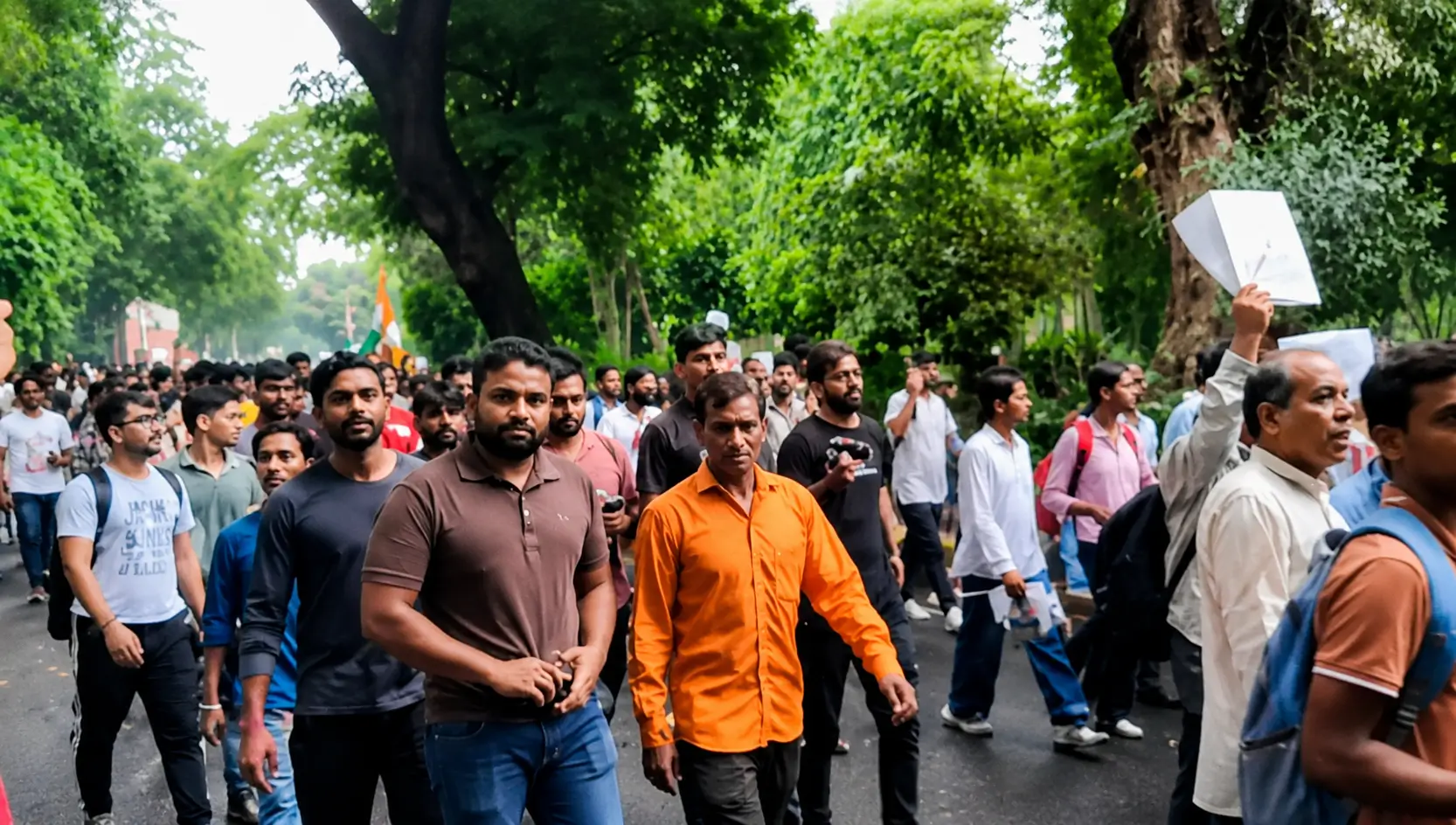 दिल्ली के संसद भवन के बाहर सुरक्षा में तैनात दिल्ली पुलिस, बैरिकेड्स के पास प्रदर्शनकारी और सोशल मीडिया जांच को दर्शाता डिजिटल ग्राफिक्स।