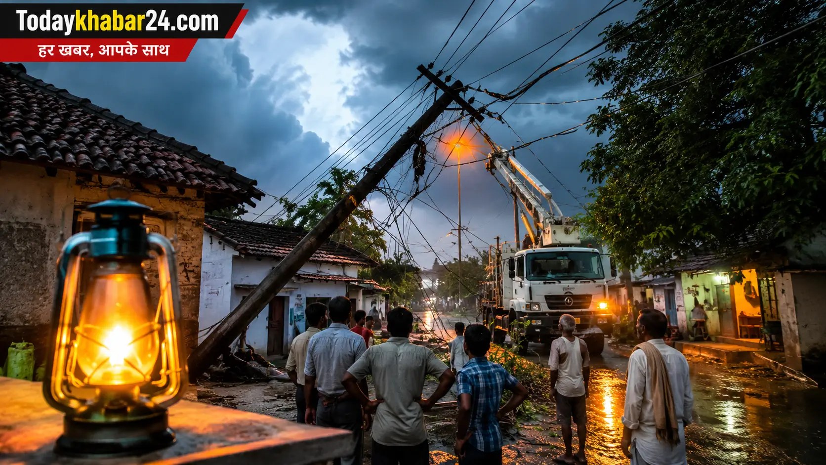 सीतापुर में बारिश के बाद बिजली का पोल गिरने से 600 गांवों की बिजली आपूर्ति प्रभावित, मरम्मत कार्य में जुटी बिजली विभाग की टीम।